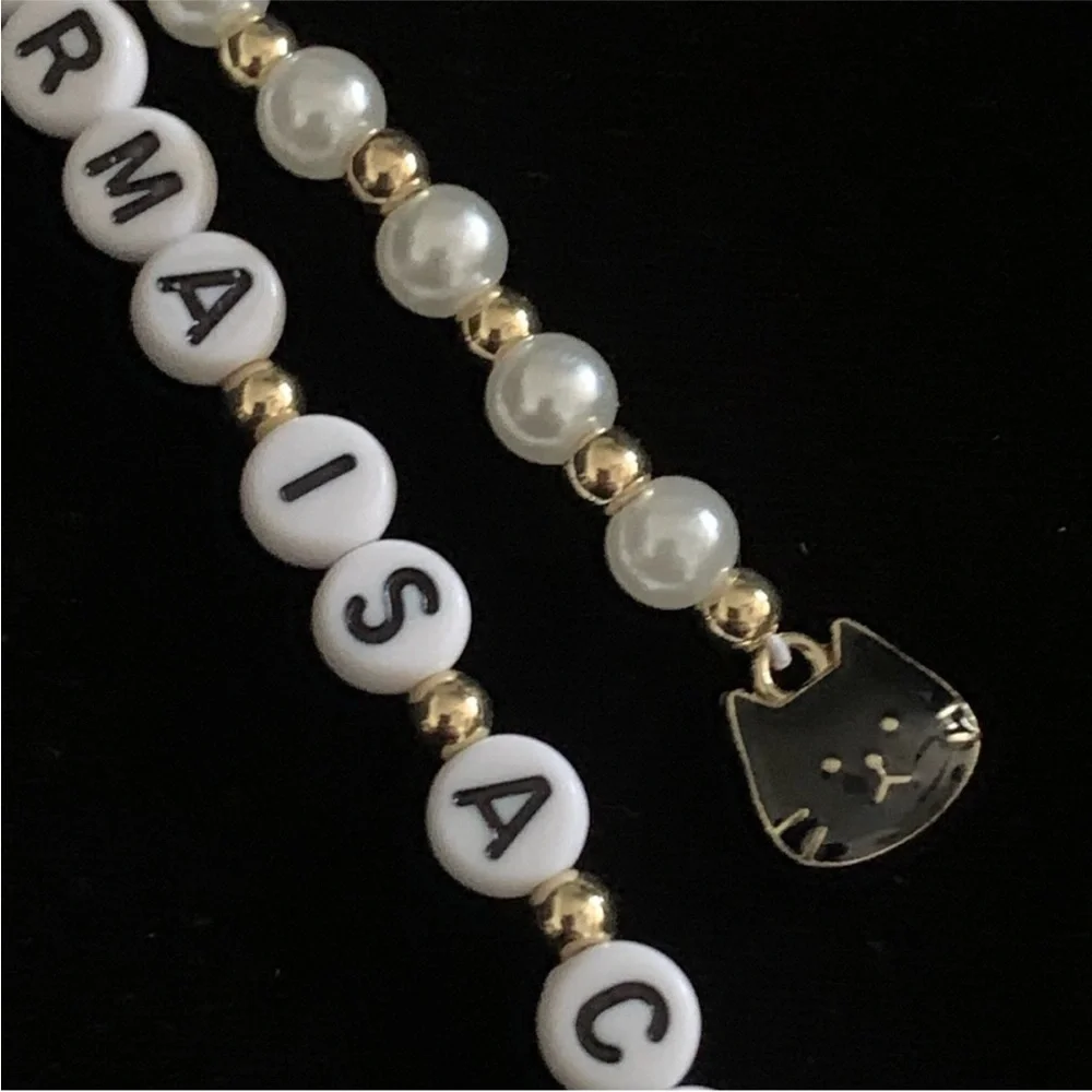 Karma Is A Cat Keychain Pearls Gold Tone Beads Black Cat Gold Tone Keyring